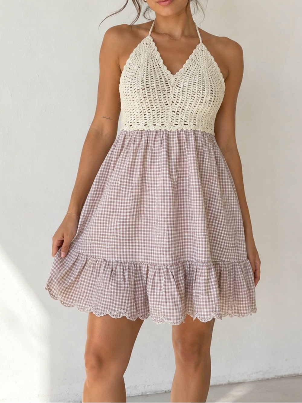 ASOS Cream Crochet Halter Top with Light Brown Gingham Skirt